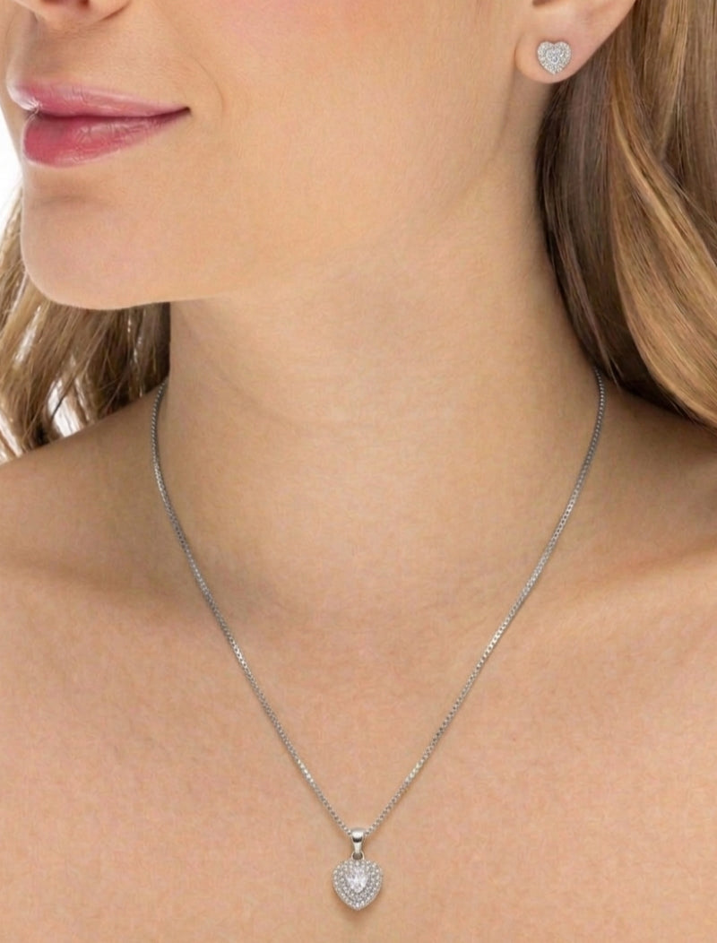 Conjunto Coração Central Volta Cravejada Banho Ródio