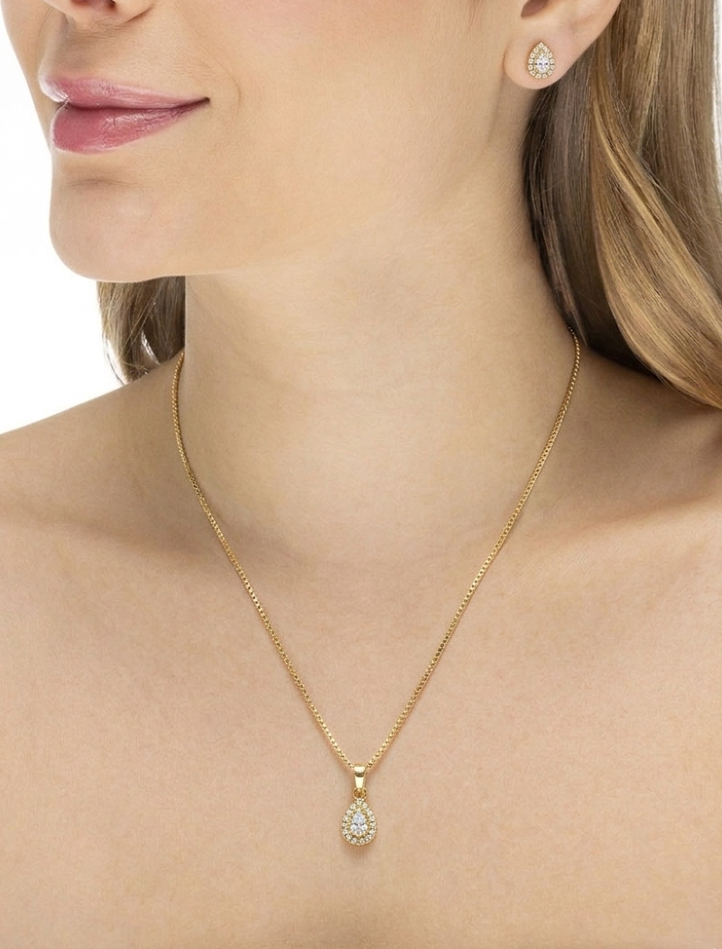 Conjunto Gota Zircônia Central Volta Cravejada Banho Ouro 18k