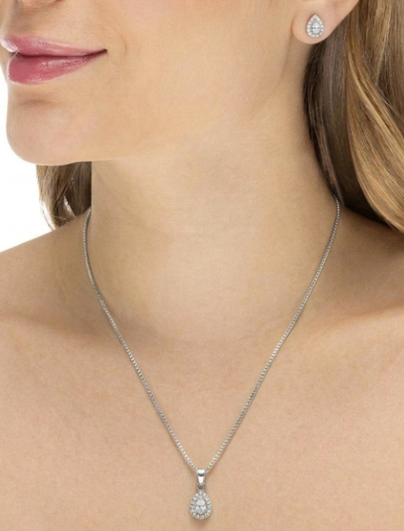 Conjunto Gota Zircônia Central Volta Cravejada Banho Ródio