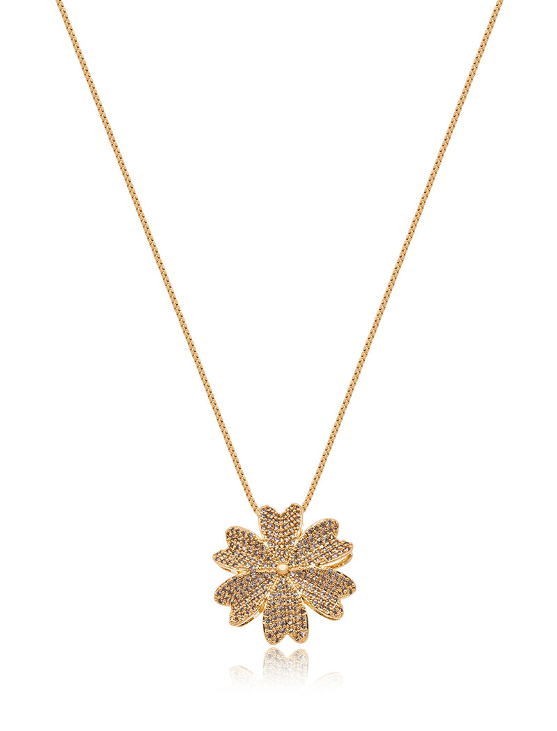 Colar Pingente Flor Cravejada Longo Banho Ouro 18k