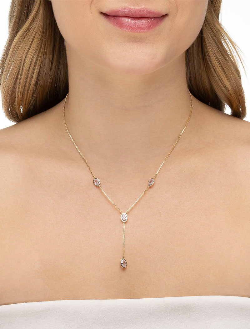 Colar Quatro Cristais Ovais Gravatinha Banho Ouro 18k