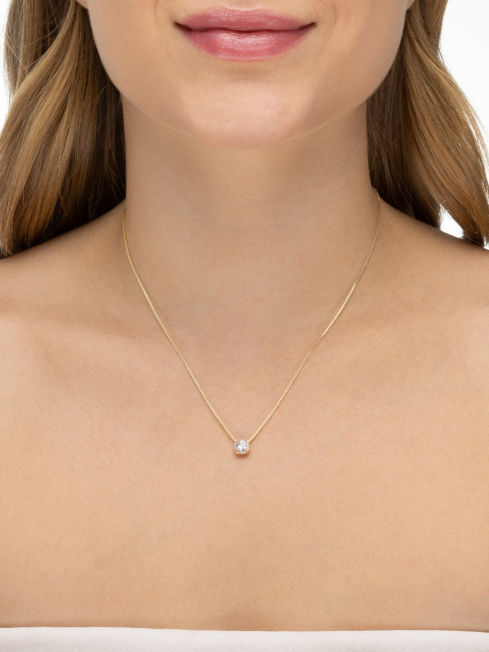 Colar Cristal Quadrado Volta Cravejada Ponto de Luz Banho Ouro 18k