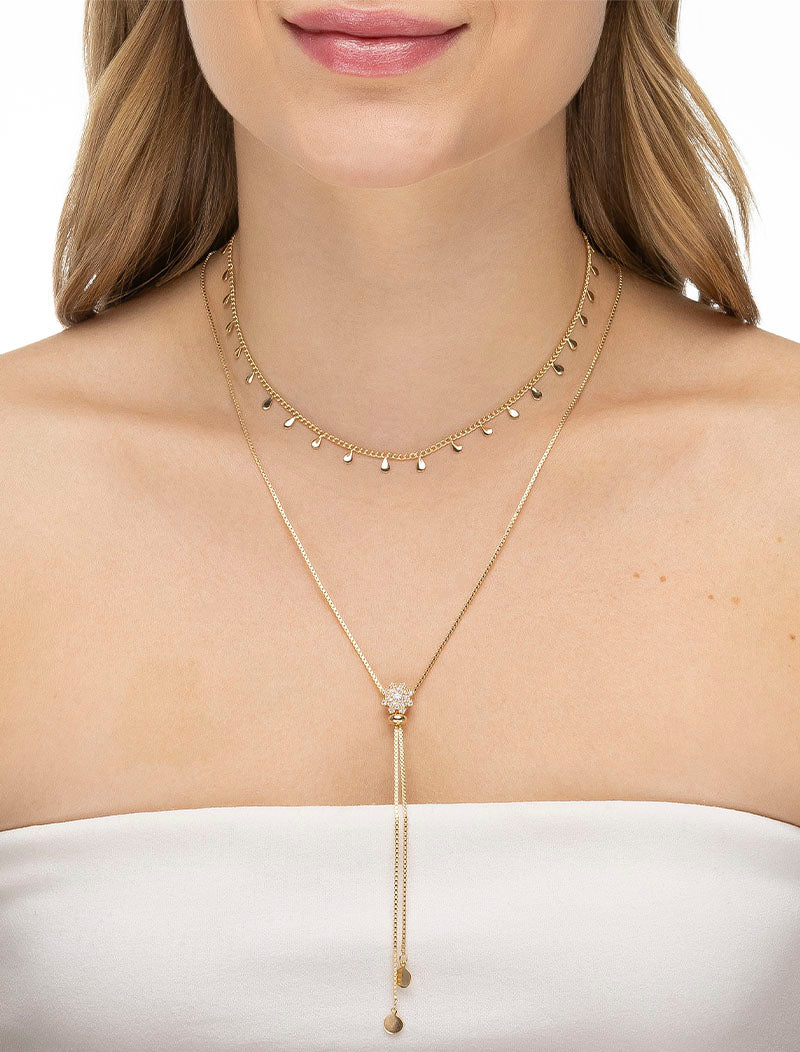 Colar Duo Choker Gotas Gravatinha Flor Cravejada Banho Ouro 18k