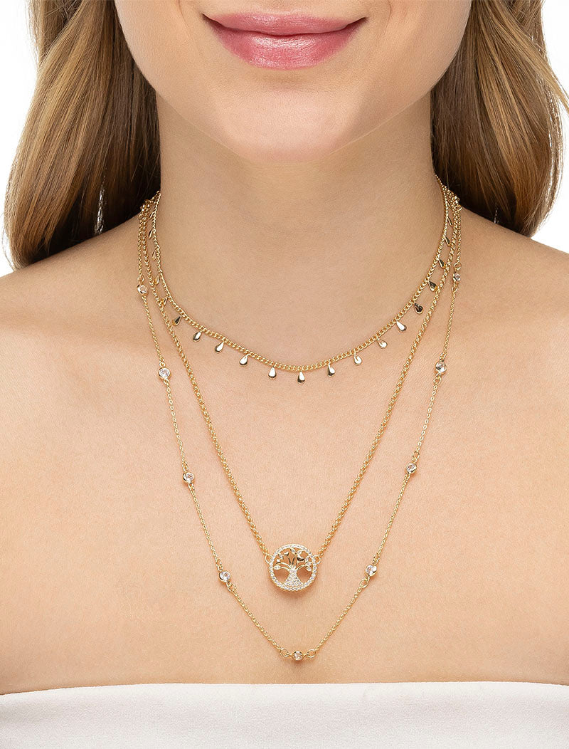 Colar Trio Árvore da Vida Cravejado Gotas e Cristais Banho Ouro 18k