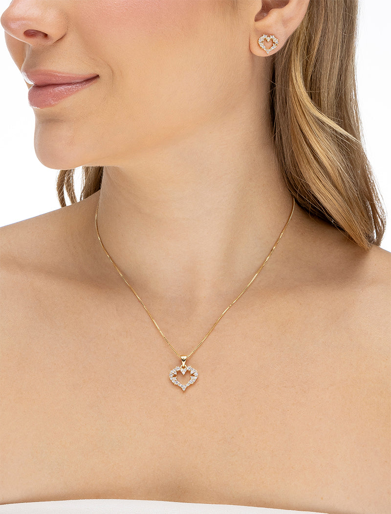 Conjunto Coração Cravejado Vazado Banho Ouro 18k