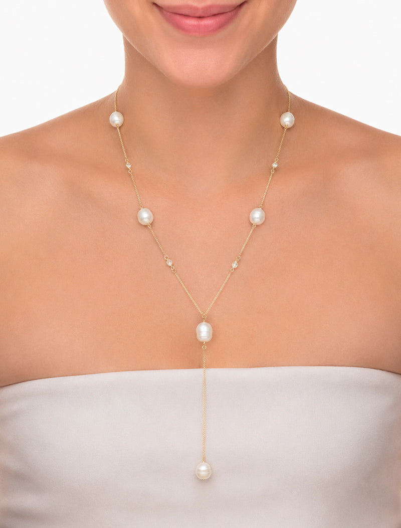 Colar Gravata Pérolas Água Doce Pontos de Luz Banho Ouro 18k