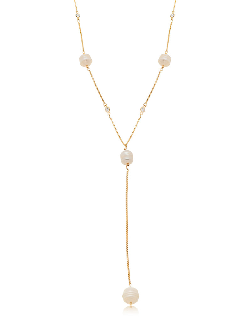 Colar Gravata Pérolas Água Doce Pontos de Luz Banho Ouro 18k