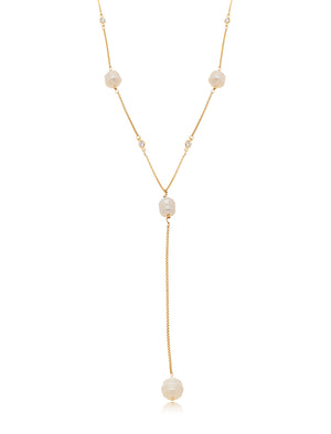 Colar Gravata Pérolas Água Doce Pontos de Luz Banho Ouro 18k