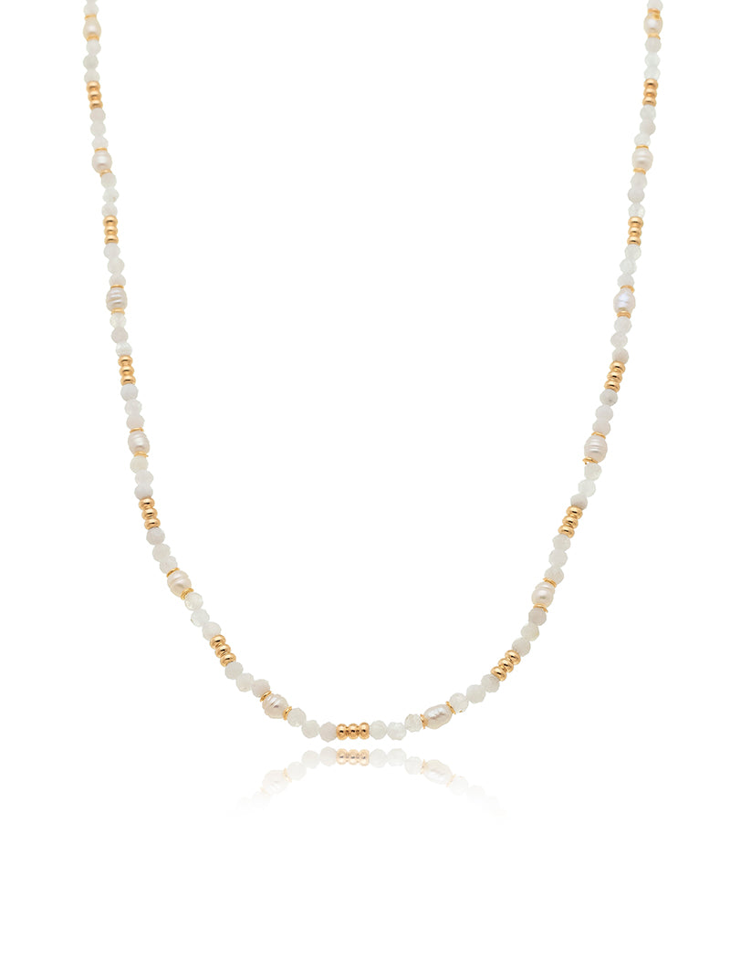 Colar Choker Delicada Banho Ouro 18k Pérola e Pedra da Lua