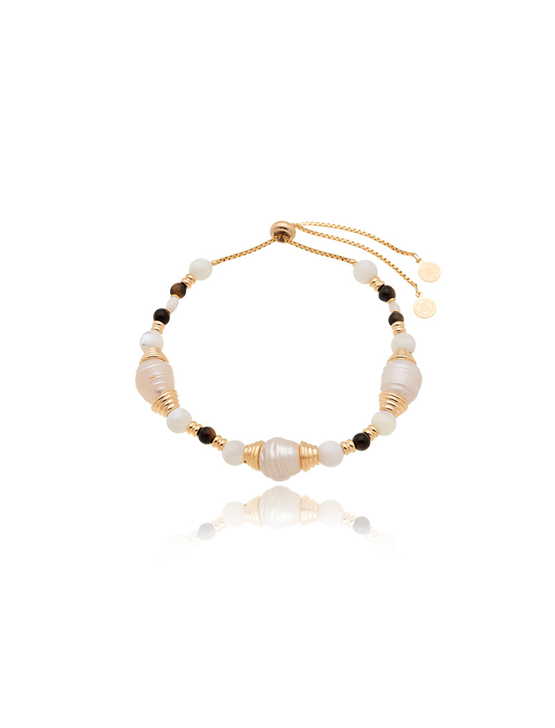 Pulseira Ajustável Pérola Madrepérola E Olho De Tigre Banho Ouro 18k