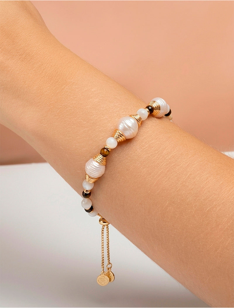 Pulseira Ajustável Pérola Madrepérola E Olho De Tigre Banho Ouro 18k
