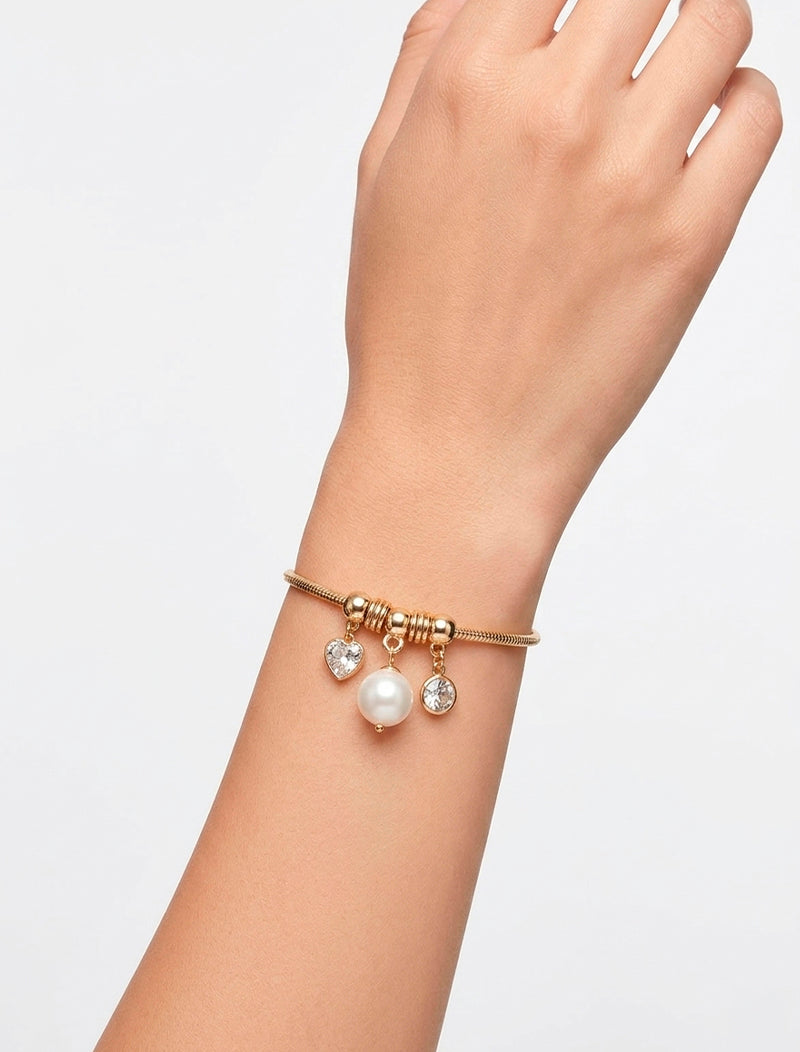 Pulseira Ajustável Pingentes Pontos de Luz Pérola Barroca Banho Ouro 18k