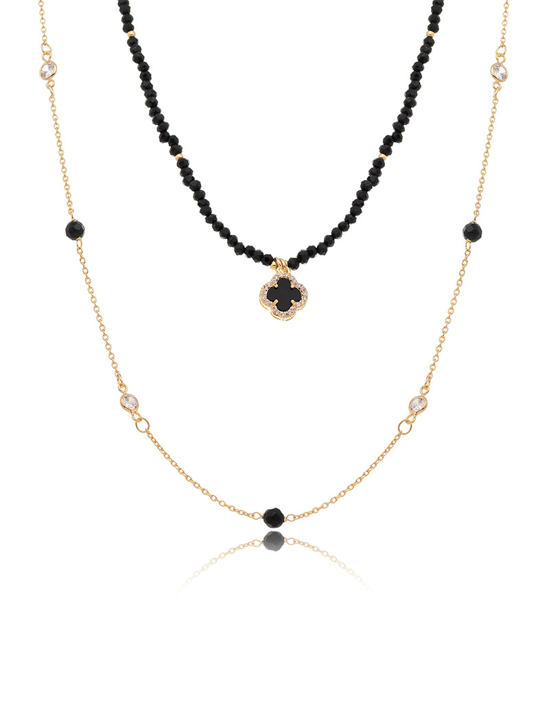 Colar Duo Pingente de Trevo Cravejado Banho Ouro 18K