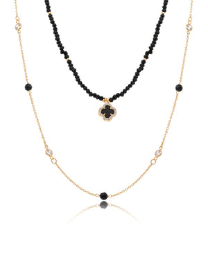 Colar Duo Pingente de Trevo Cravejado Banho Ouro 18K