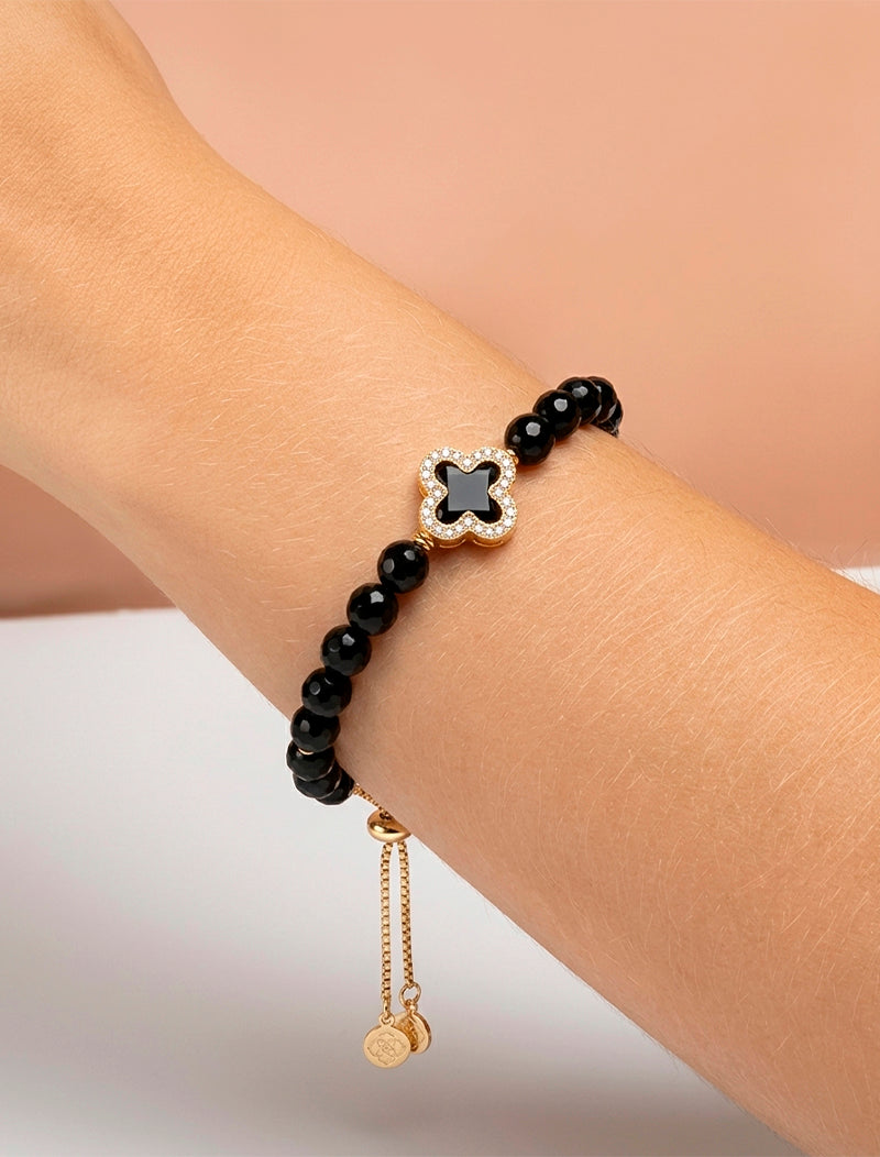 Pulseira Ajustável Trevo Cravejado Banho Ouro 18K Ágata