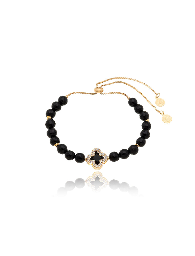 Pulseira Ajustável Trevo Cravejado Banho Ouro 18K Ágata