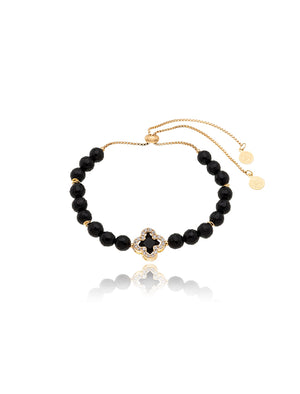 Pulseira Ajustável Trevo Cravejado Banho Ouro 18K Ágata