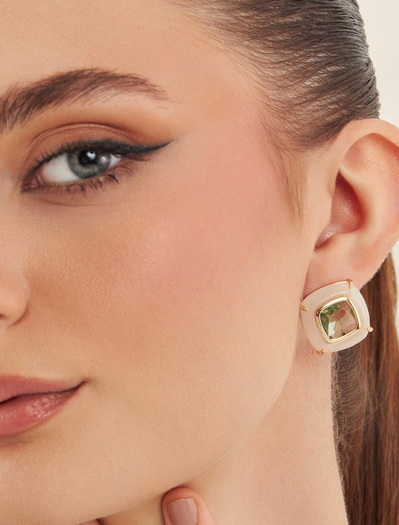 Brinco Cristal Quadrado Verde Volta Branca Banho Ouro 18k