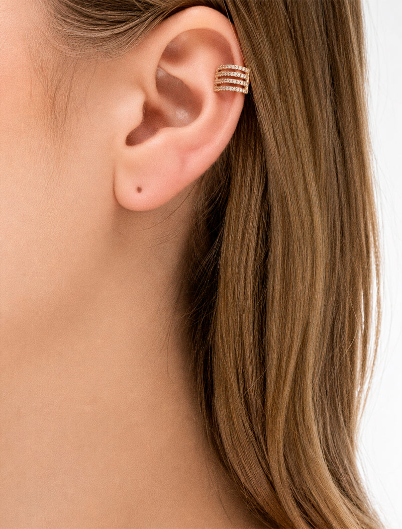 Brinco Piercing Fileiras Cravejadas Zircônia Banho Ouro 18k