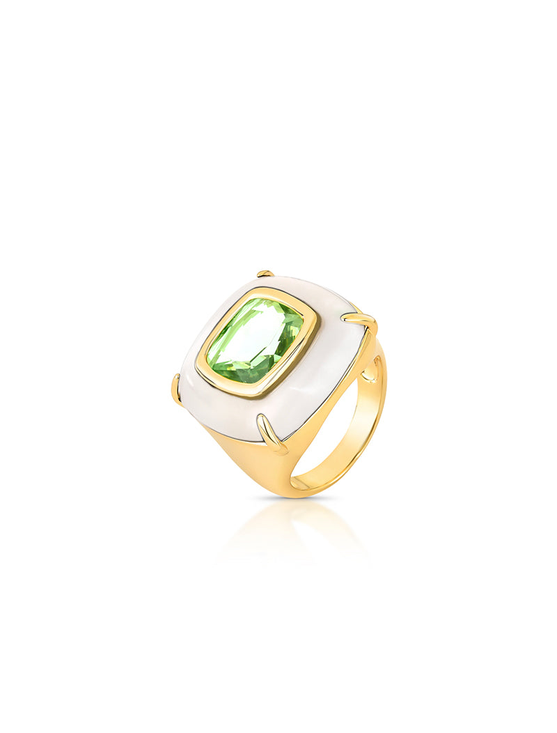 Anel Cristal Quadrado Verde Volta Branca Banho Ouro 18k