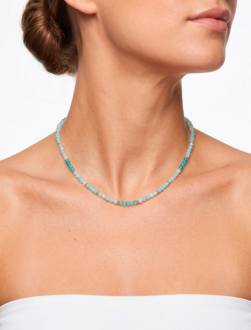 Colar Choker Delicada Banho Ouro 18K Jade e Cristal