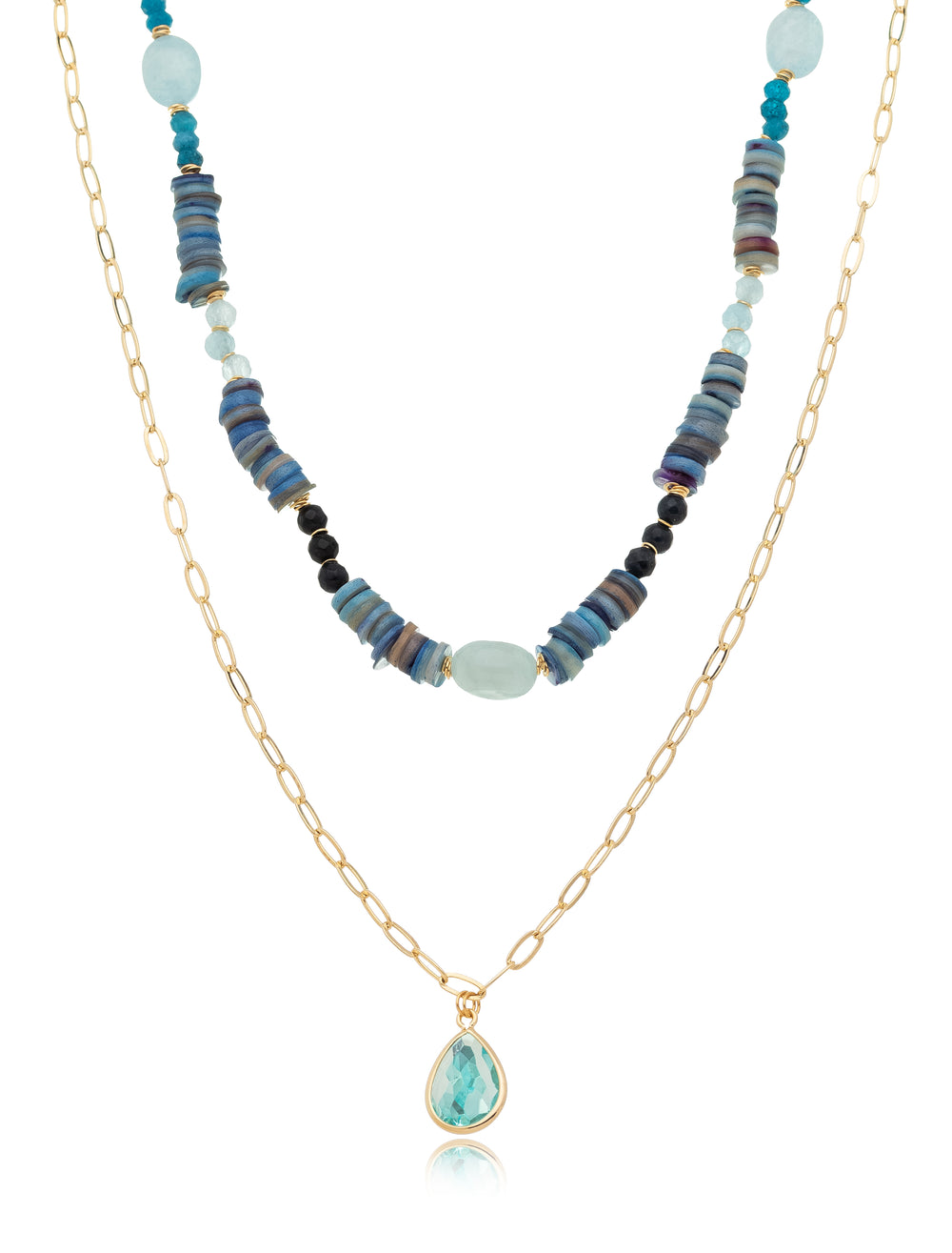 Colar Duo Elos Discos Banho Ouro 18k Jade Pingente Gota