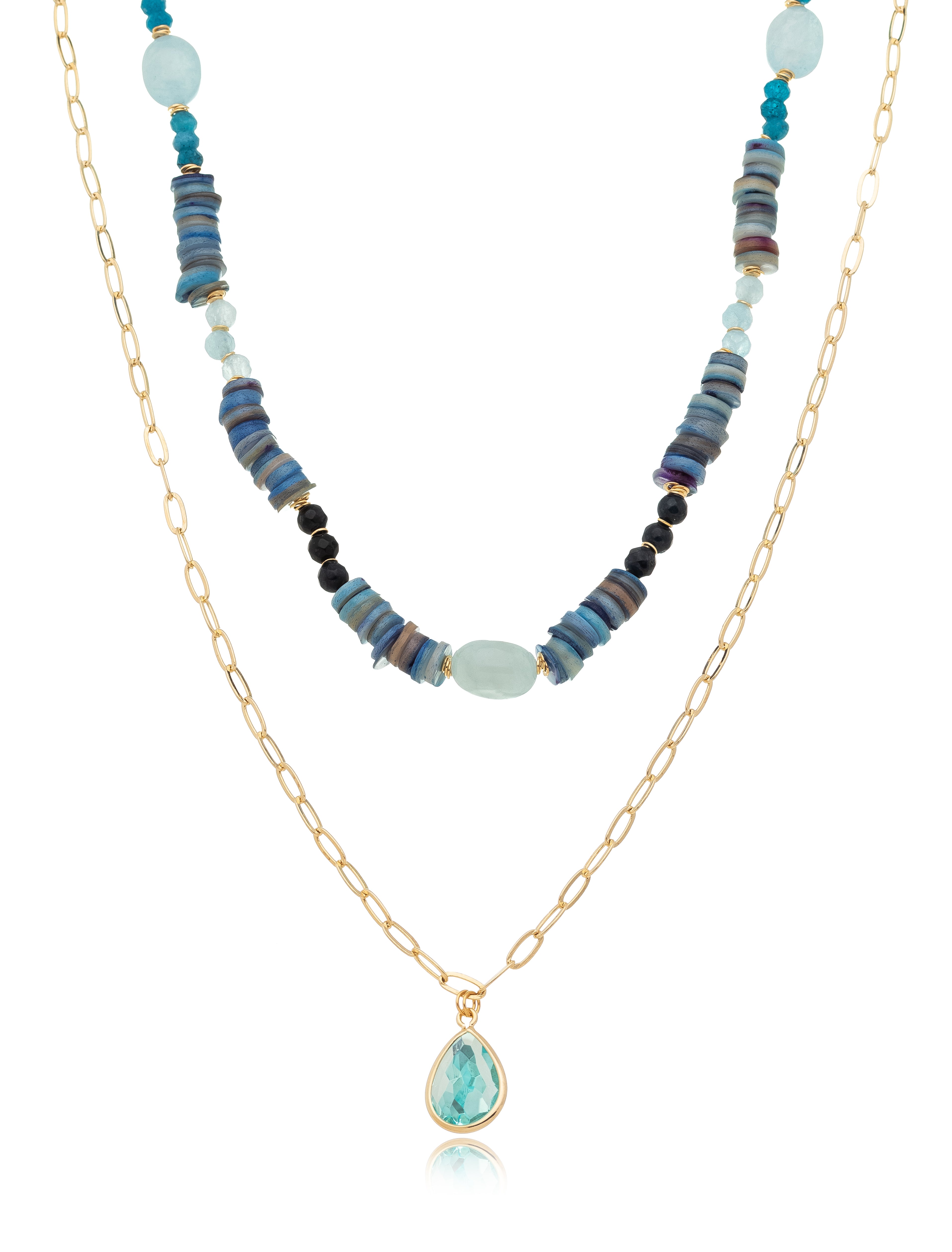 Colar Duo Elos Discos Banho Ouro 18k Jade Pingente Gota