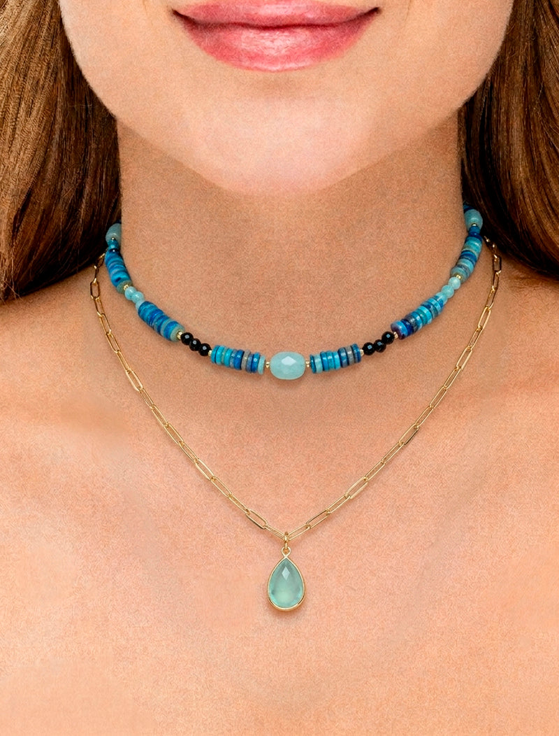 Colar Duo Elos Discos Banho Ouro 18k Jade Pingente Gota