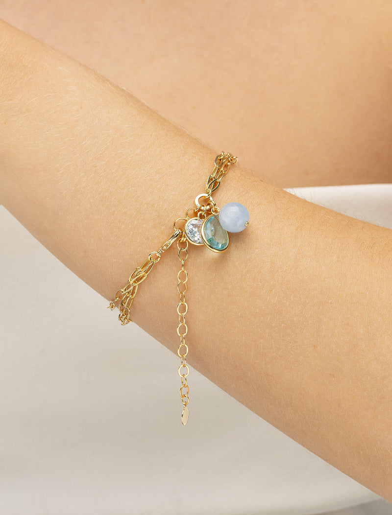 Pulseira Fileiras Elos Chapa Pingentes Banho Ouro 18k Cristal Jade