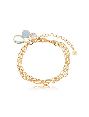 Pulseira Fileiras Elos Chapa Pingentes Banho Ouro 18k Cristal Jade