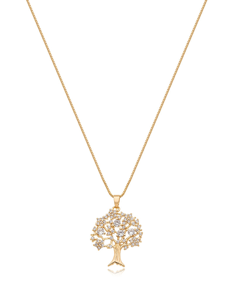 Colar Árvore da Vida Folhagem Cravejada Banho Ouro 18K