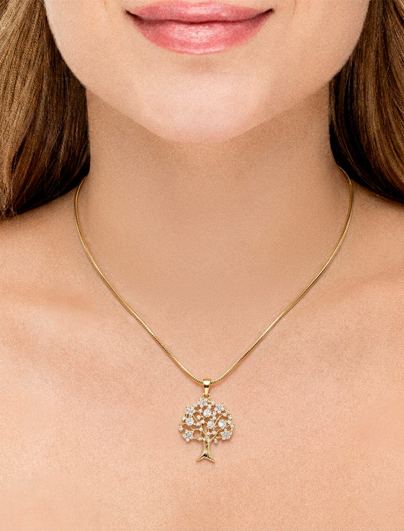 Colar Árvore da Vida Folhagem Cravejada Banho Ouro 18K