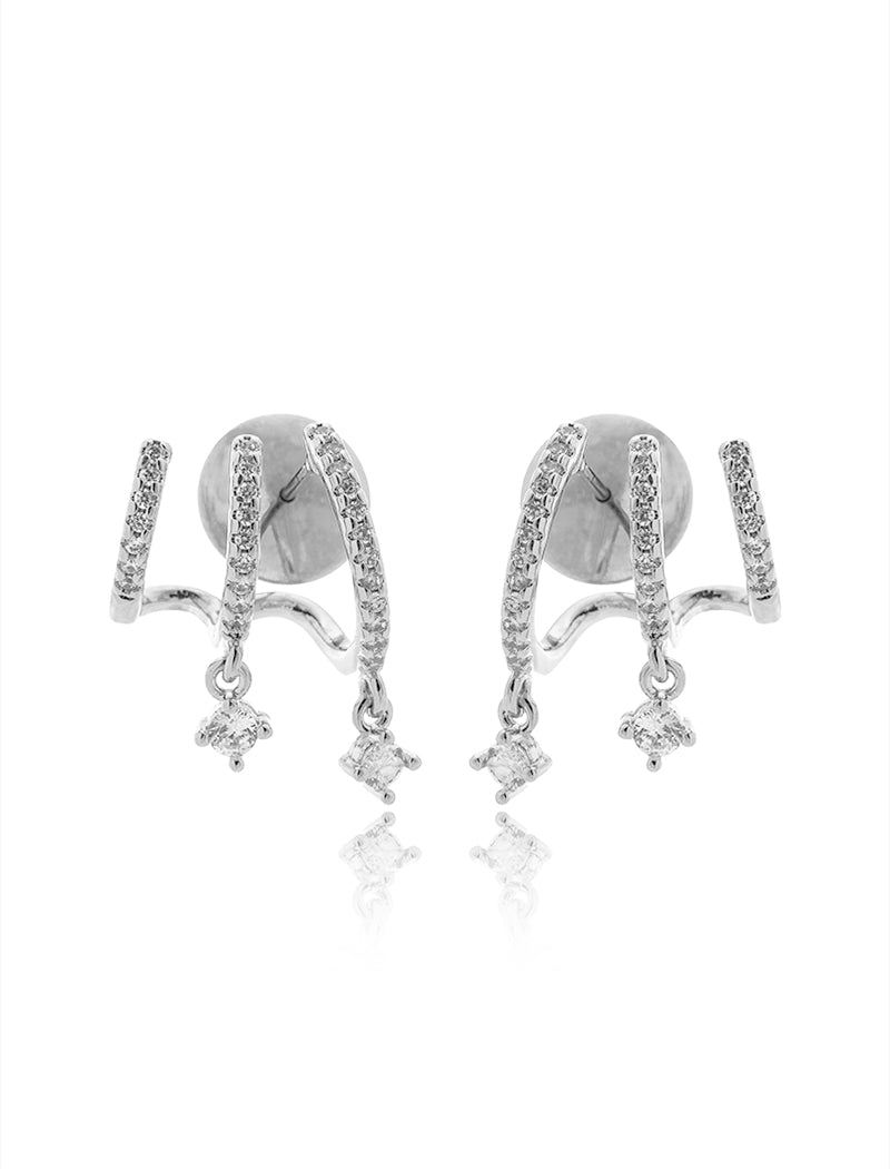 Brinco Earcuff Fileiras Cravejadas Banho Ródio Zircônias