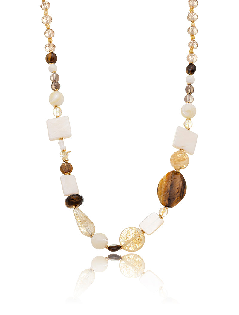 Colar Choker Pedras Banho Ouro 18k Cristal Rutilado Olho de Tigre Cristal Madrepérola