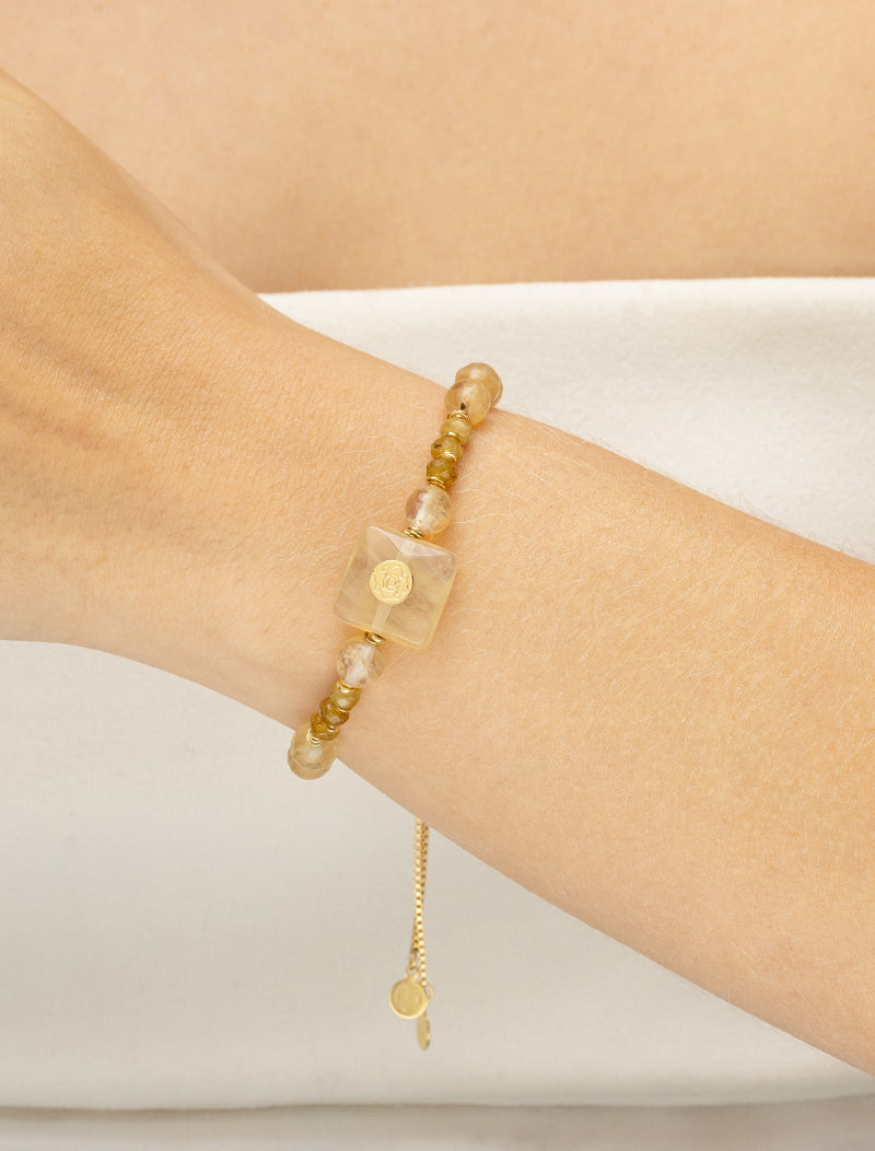 Pulseira Ajustável Banho Ouro 18k Jade Cristal Rutilado