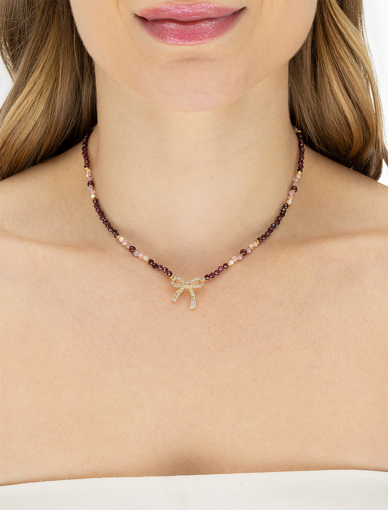 Colar Choker Laço Cravejado Banho Ouro 18k Cristais Madrepérola