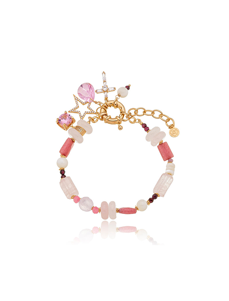 Pulseira Pingentes Diversos Banho Ouro 18k Quartzo Jade Cristal