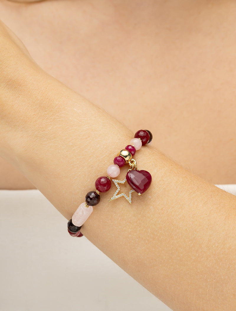 Pulseira Pedras Banho Ouro 18k Jade Quartzo Rosa