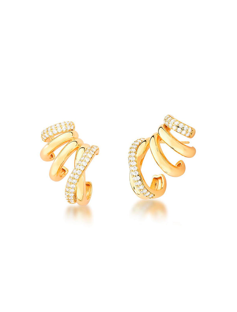 Brinco Meia Argola Voltas Cravejadas Banho Ouro 18k Zircônias