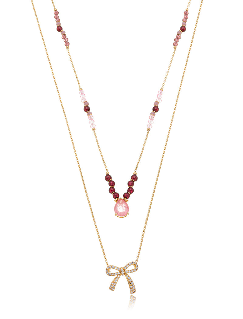 Colar Duo Ajustável Laço Cravejado Banho Ouro 18k Cristal Fusion Jade Zircônia