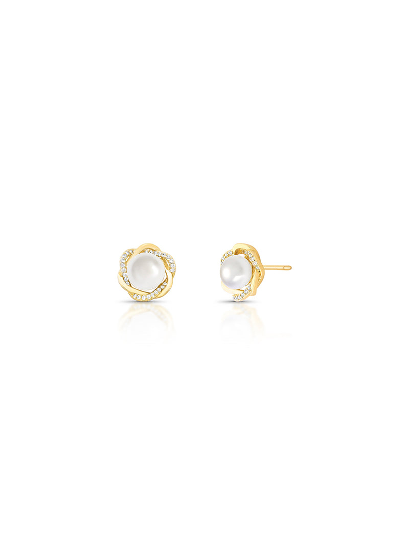 Brinco Fixo Flor Cravejada Banho Ouro 18k Pérola Shell