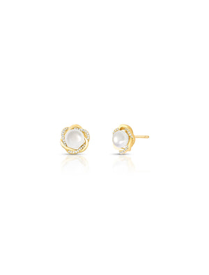 Brinco Fixo Flor Cravejada Banho Ouro 18k Pérola Shell