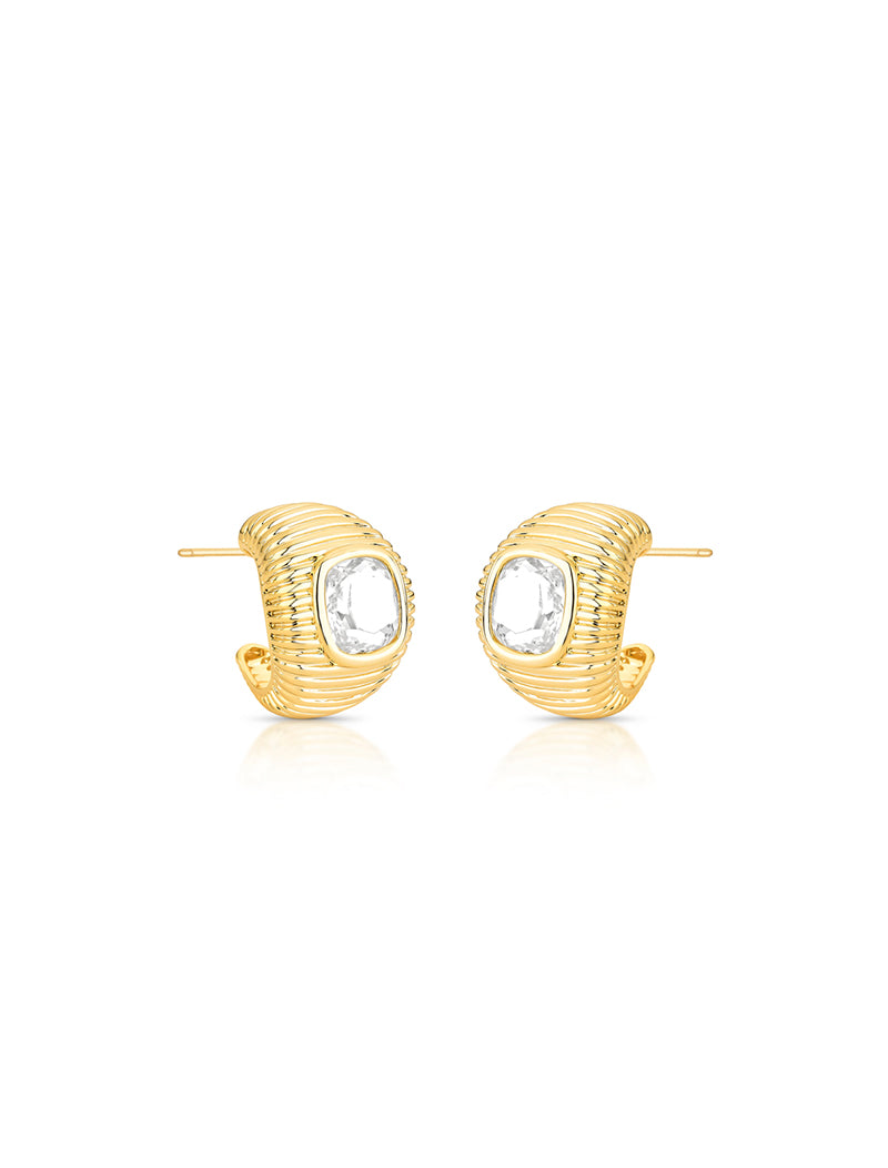 Brinco Meia Argola Texturizado Banho Ouro 18k Cristal
