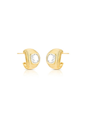 Brinco Meia Argola Texturizado Banho Ouro 18k Cristal
