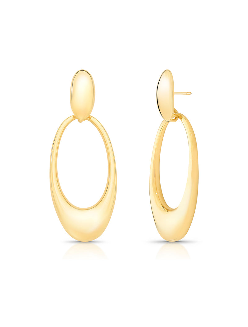 Brinco Pêndulo Oval Vazado Liso Banho Ouro 18k