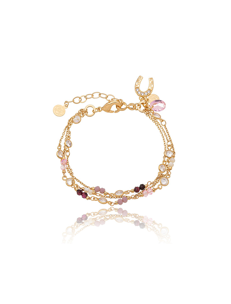 Pulseira Três Fileiras Pingentes Banho Ouro 18k Cristal Jade Zircônia