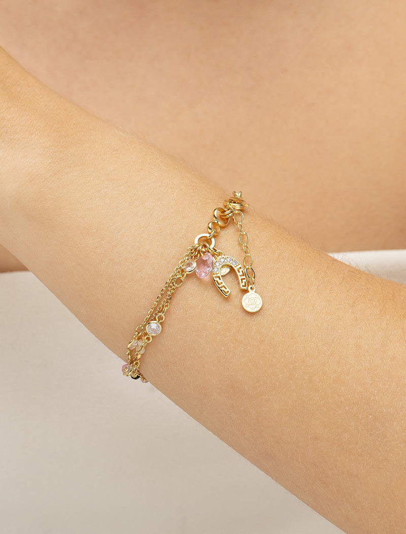 Pulseira Três Fileiras Pingentes Banho Ouro 18k Cristal Jade Zircônia