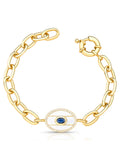 Pulseira Elos Vazados Pingente Oval Esmaltado Cravejado Banho Ouro 18k Cristal Zircônia