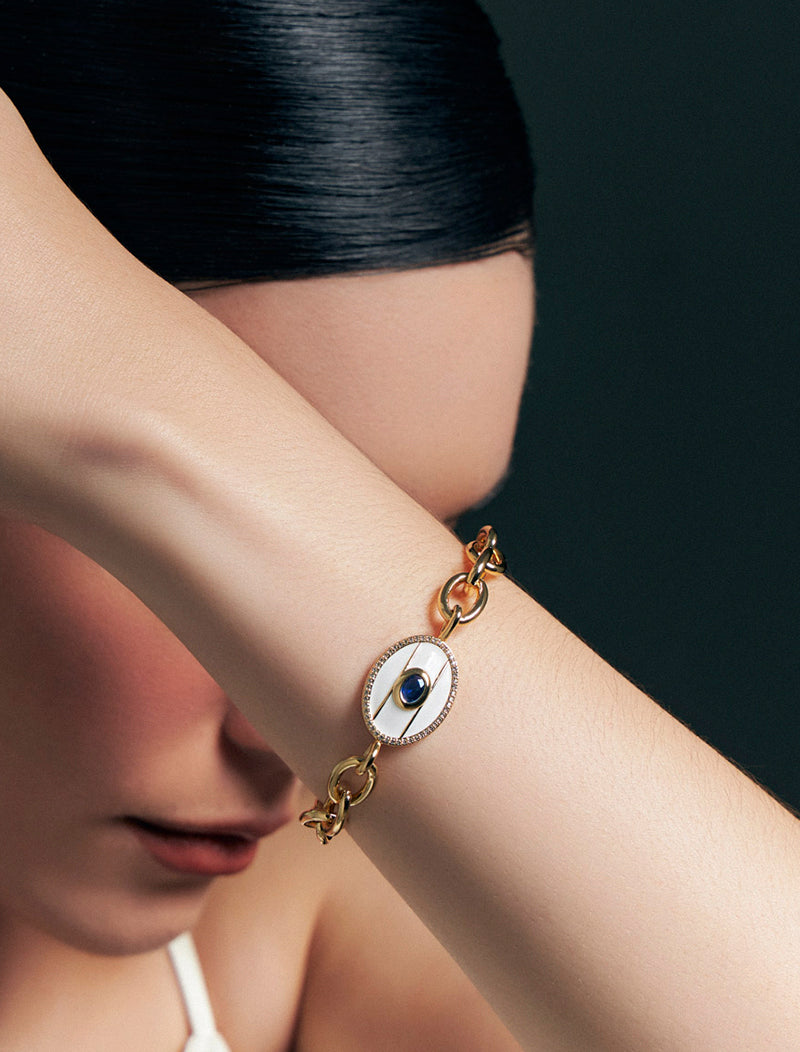 Pulseira Elos Vazados Pingente Oval Esmaltado Cravejado Banho Ouro 18k Cristal Zircônia