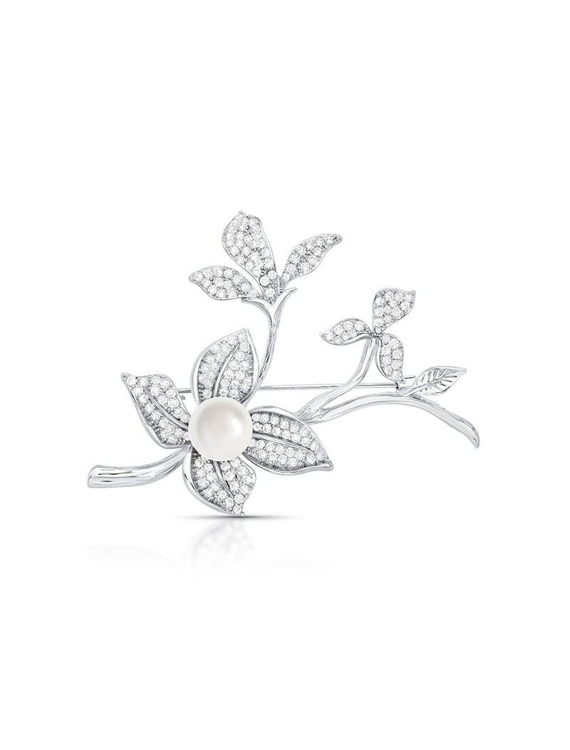 Broche Flor Cravejada Banho Ródio Pérola Shell Zircônia